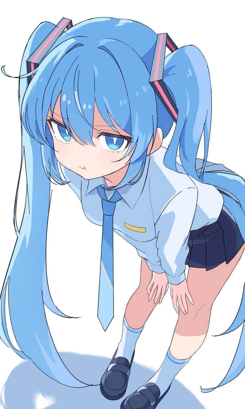 1girl, :t, absurdres, bakeneko1212, black_skirt, blue_eyes, blue_hair, breasts