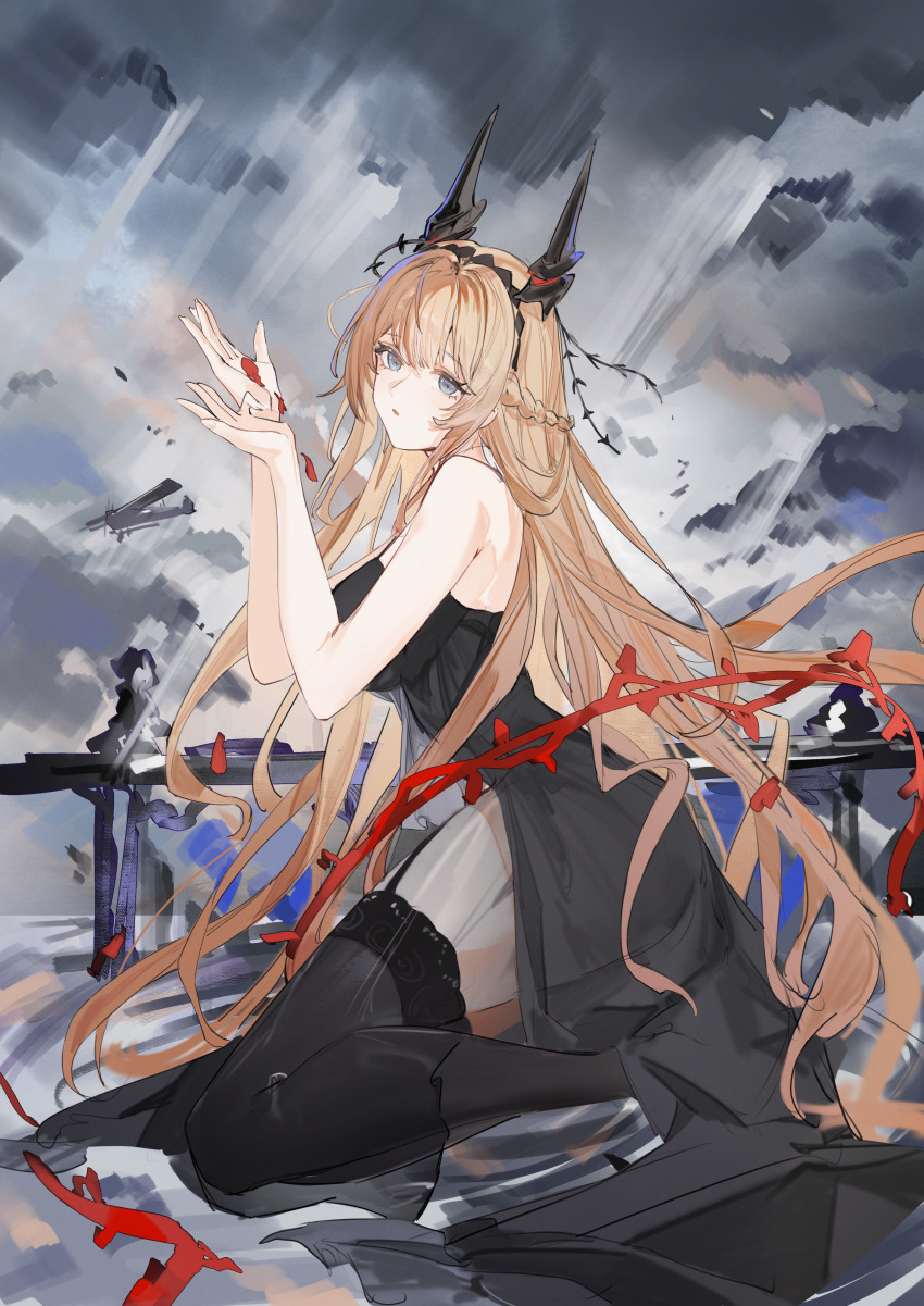 1girl, absurdres, azur_lane, bare_arms, bare_shoulders, black_dress, black_horns, black_thighhighs