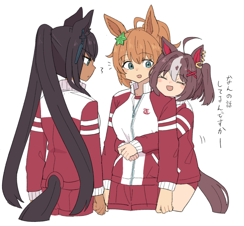 3girls, ahoge, animal_ears, aqua_eyes, brown_hair, clothing_cutout, cropped_legs, dark-skinned_female