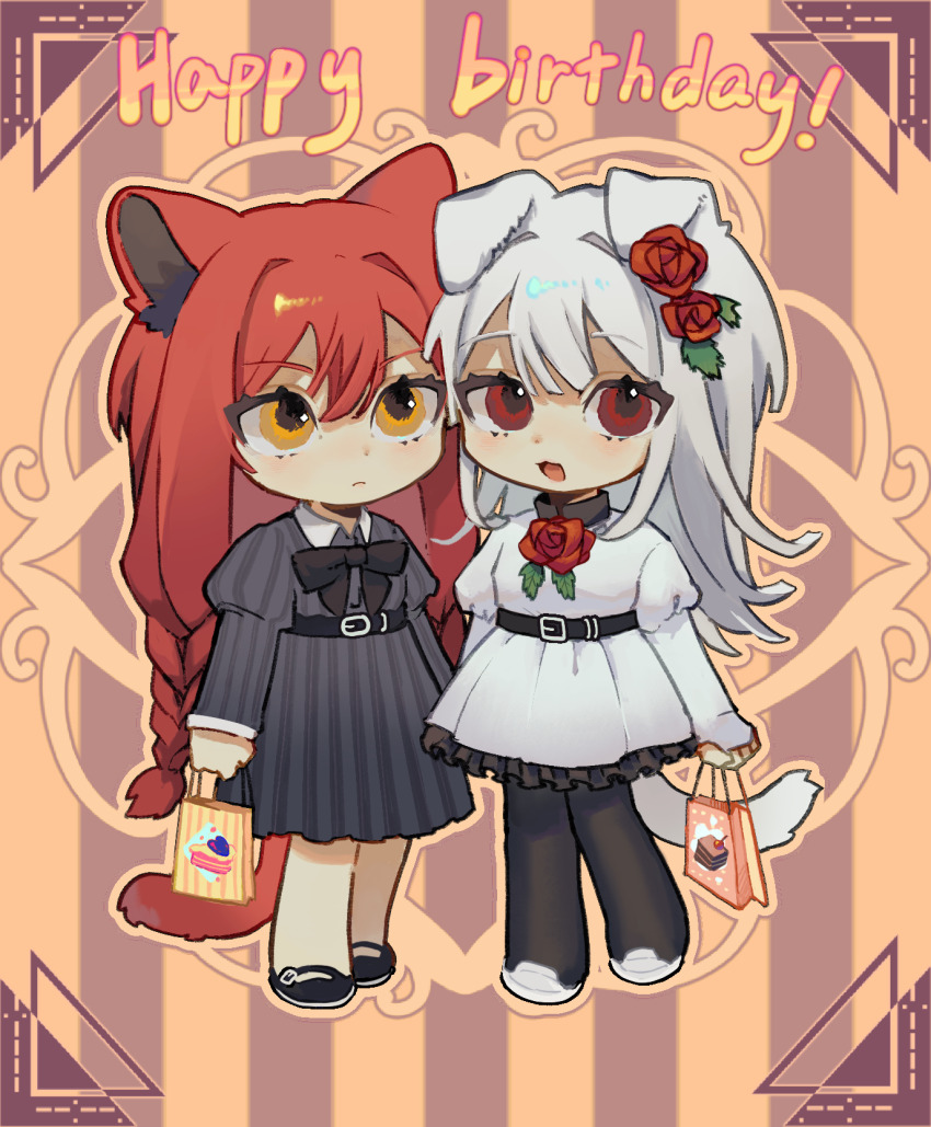 2girls, :3, :d, animal_ears, bag, belt, birthday, black_belt