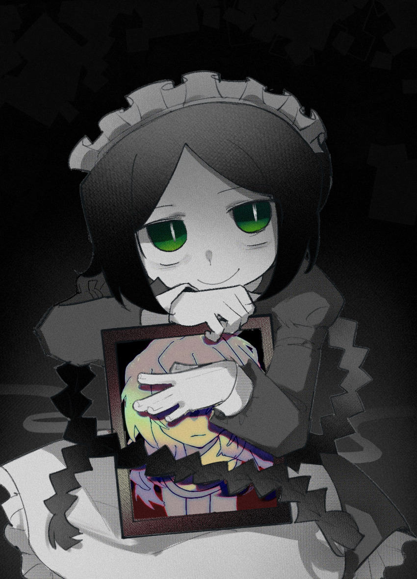 1girl, apron, black_background, braid, chinese_commentary, commentary_request, dress, fata_morgana_no_yakata