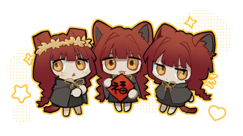 3girls, :3, :d, animal_ears, black_cape, black_robe, braid, cape