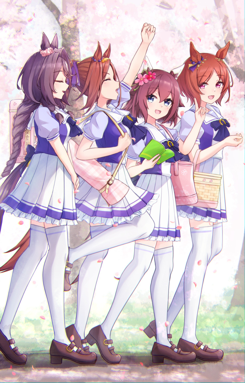 4girls, absurdres, animal_ears, arm_up, back_bow, basket, blue_eyes, bow