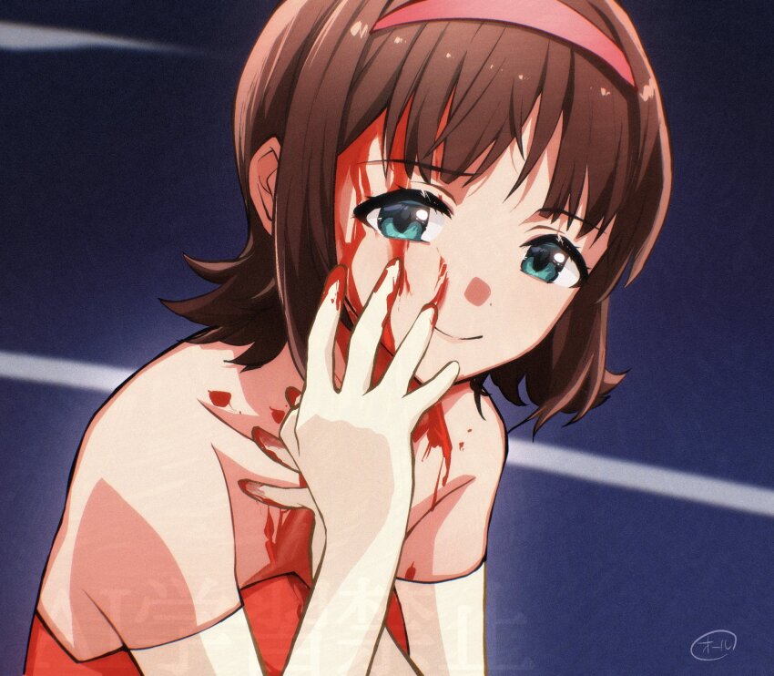 1girl, amami_haruka, bare_shoulders, blood, blood_on_face, brown_hair, commentary_request, cosplay
