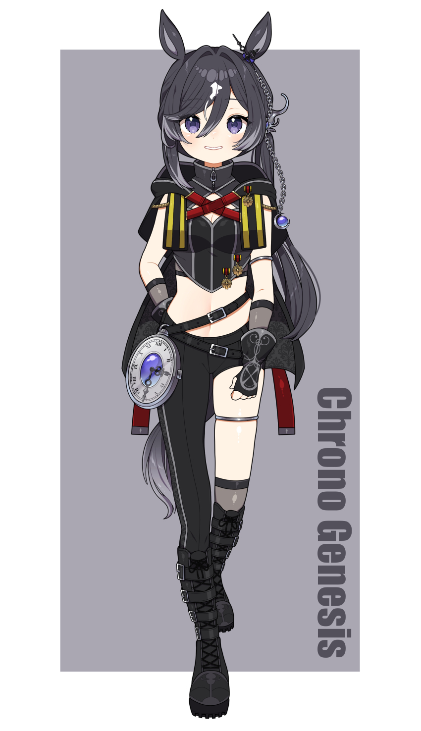 1girl, absurdres, animal_ears, asymmetrical_pants, black_boots, black_gloves, black_hair, black_pants