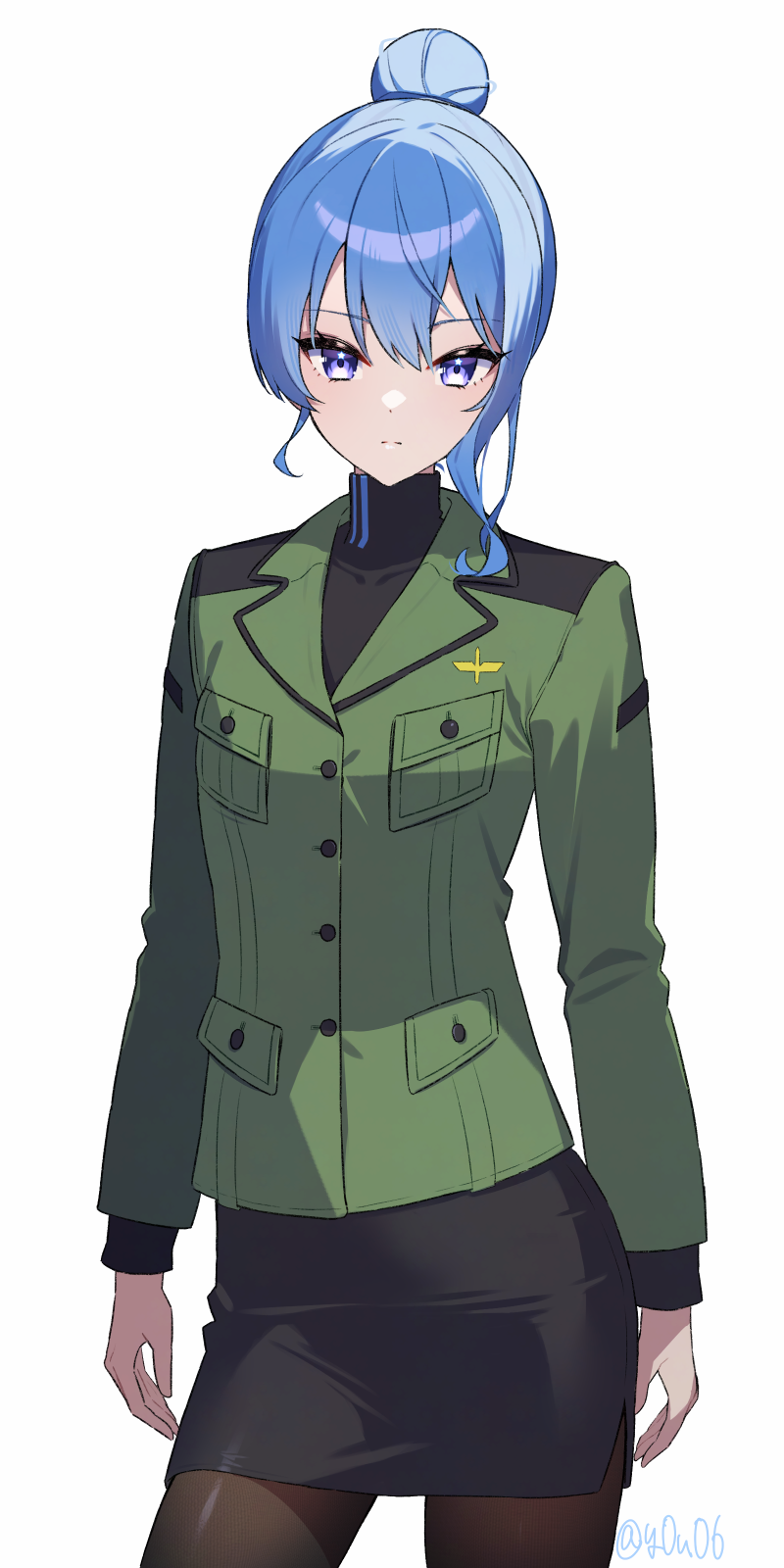 1girl, asymmetrical_sidelocks, black_pantyhose, black_skirt, blue_eyes, blue_hair, closed_mouth, commentary_request