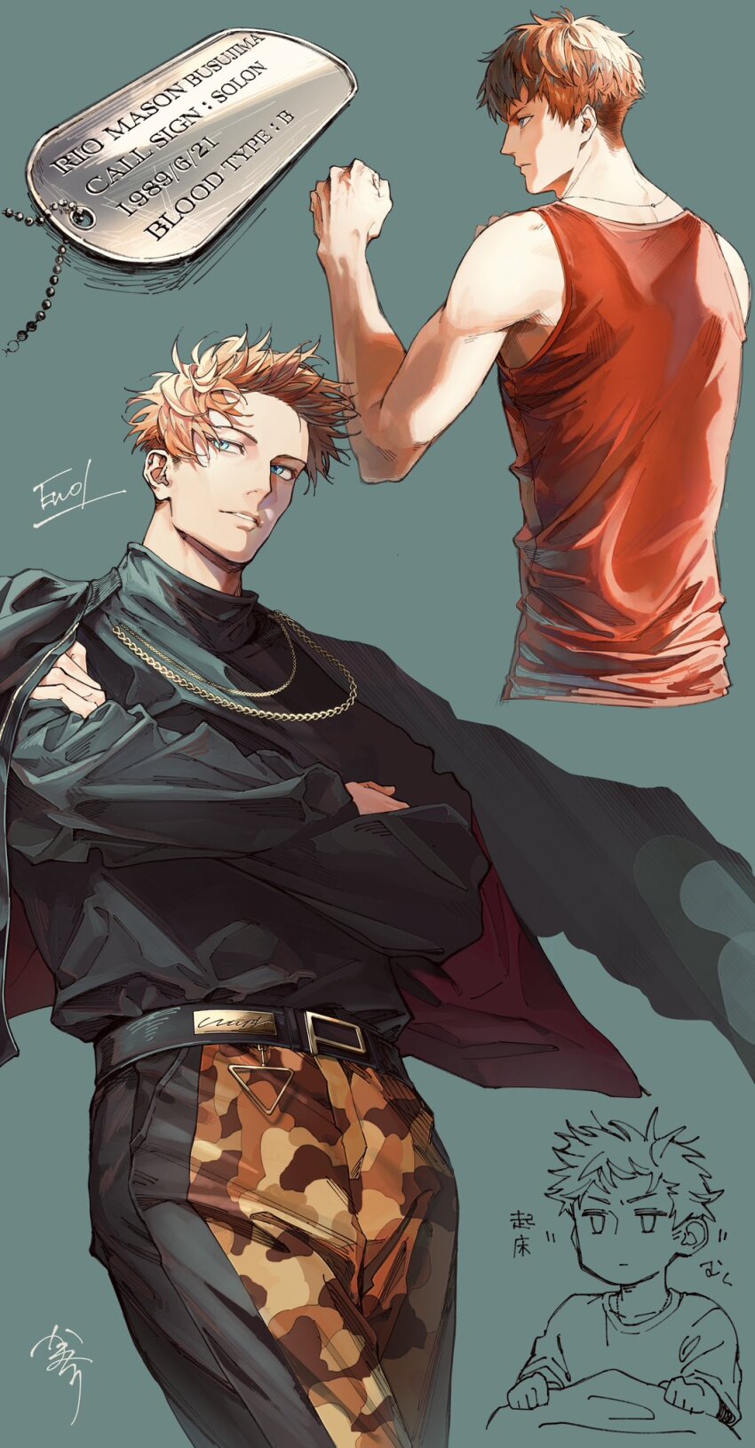 1boy, aqua_background, backlighting, belt, black_belt, black_pants, black_shirt, blank_stare