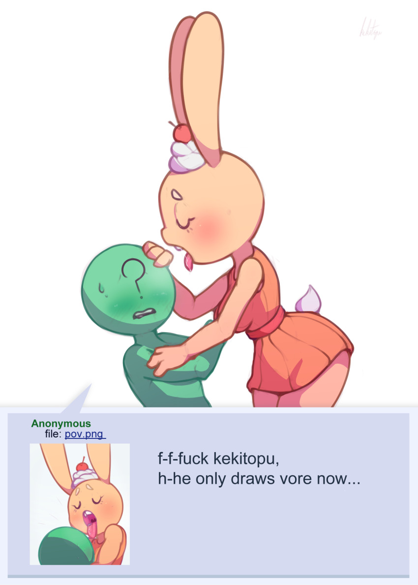 1girl, 1other, ?, artist_name, bare_shoulders, blush, body_fur, breasts, breath, cherry, closed_eyes, colored_skin, cowboy_shot, cream, dress, english_text, food, food_on_head, fruit, furry, furry_with_non-furry, green_skin, hand_on_another's_arm, hand_on_another's_head, height_difference, highres, interspecies, keki_(kekitopu), kekitopu, leaning_forward, medium_breasts, multiple_views, nervous, nose_blush, object_on_head, open_mouth, orange_dress, original, profanity, profile, rabbit_ears, rabbit_girl, rabbit_tail, raised_eyebrows, saliva, short_dress, short_tail, signature, simple_background, sleeveless, sleeveless_dress, speech_bubble, standing, sweat, tail, teeth, tongue, tongue_out, tumblr_ask, u_u, white_background, wide_hips, yellow_fur