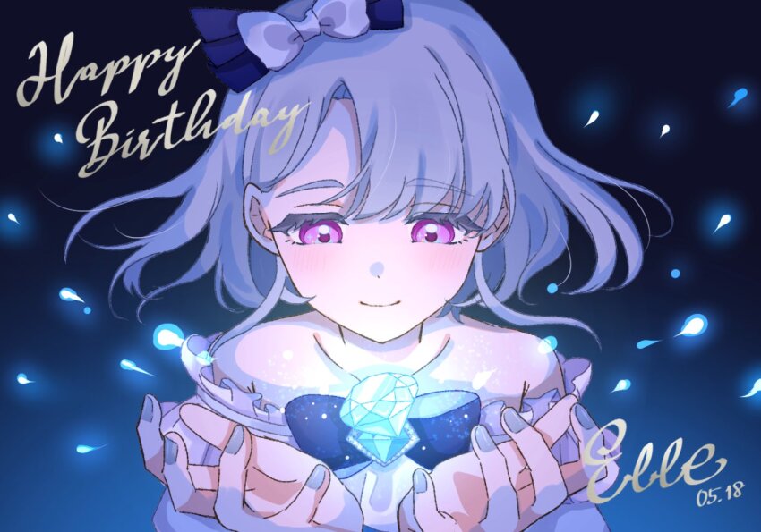 1girl, bare_shoulders, blue_bow, blue_gem, bow, brooch, character_name, colored_eyelashes