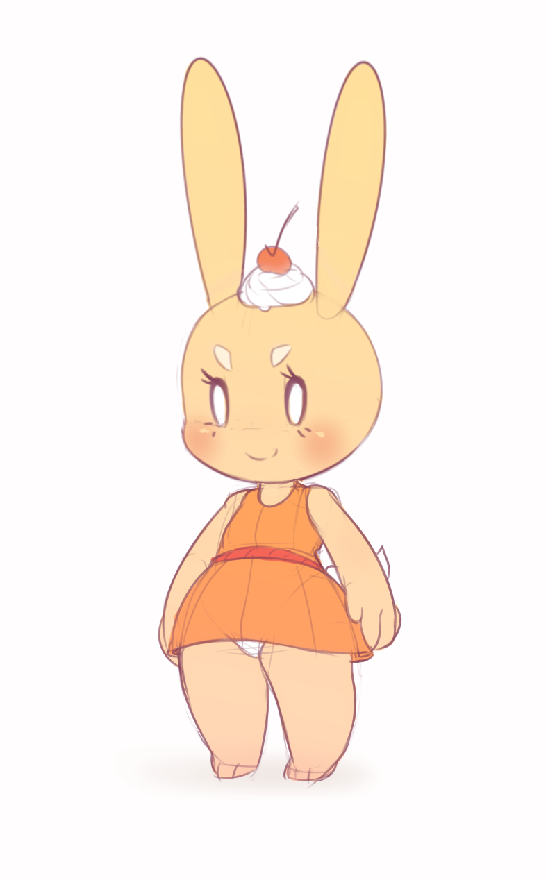 1girl, animal_feet, bare_shoulders, barefoot, blank_eyes, blush, body_fur, cherry, chibi, closed_mouth, cream, dress, female_focus, flat_chest, flat_color, food, food_on_head, fruit, full_body, furry, furry_female, happy, highres, keki_(kekitopu), kekitopu, legs, object_on_head, orange_dress, original, panties, rabbit_ears, rabbit_girl, rabbit_tail, short_dress, short_tail, simple_background, sketch, sleeveless, sleeveless_dress, smile, solo, split_mouth, standing, tail, underwear, white_background, white_eyes, white_panties, yellow_fur