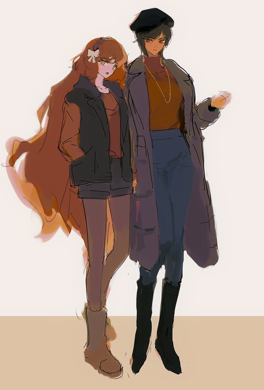 2girls, black_boots, blue_pants, blue_shorts, boots, bow, brown_boots, brown_coat