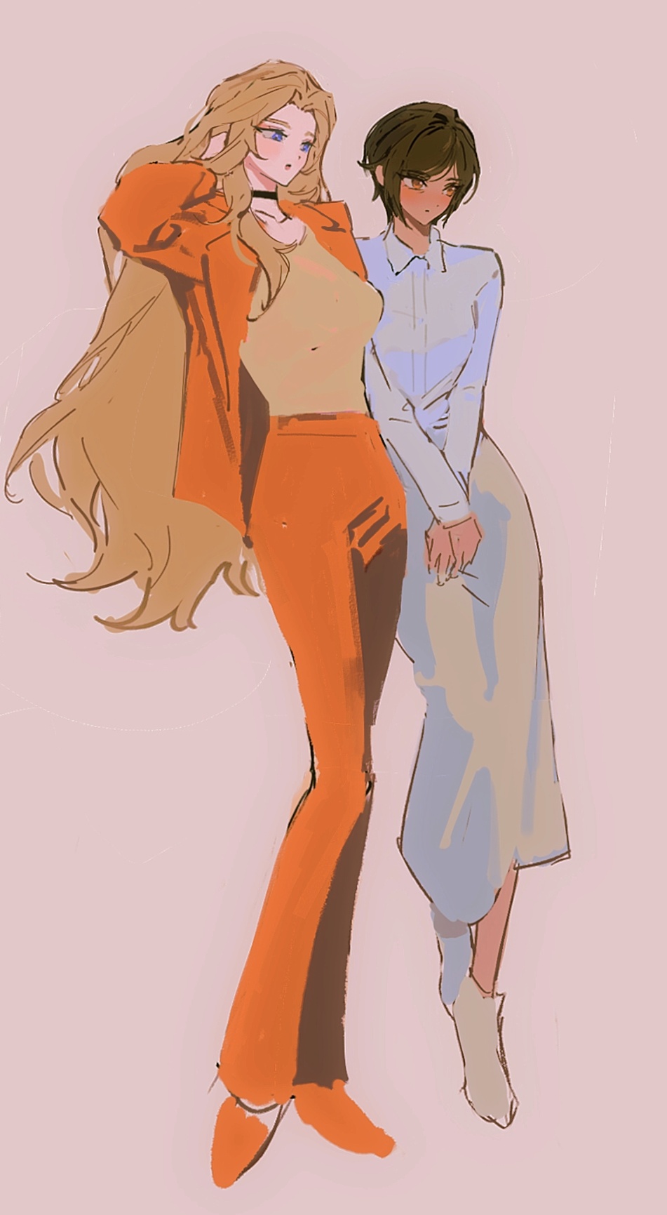 2girls, black_choker, blue_eyes, blush, boots, brown_eyes, brown_hair, choker