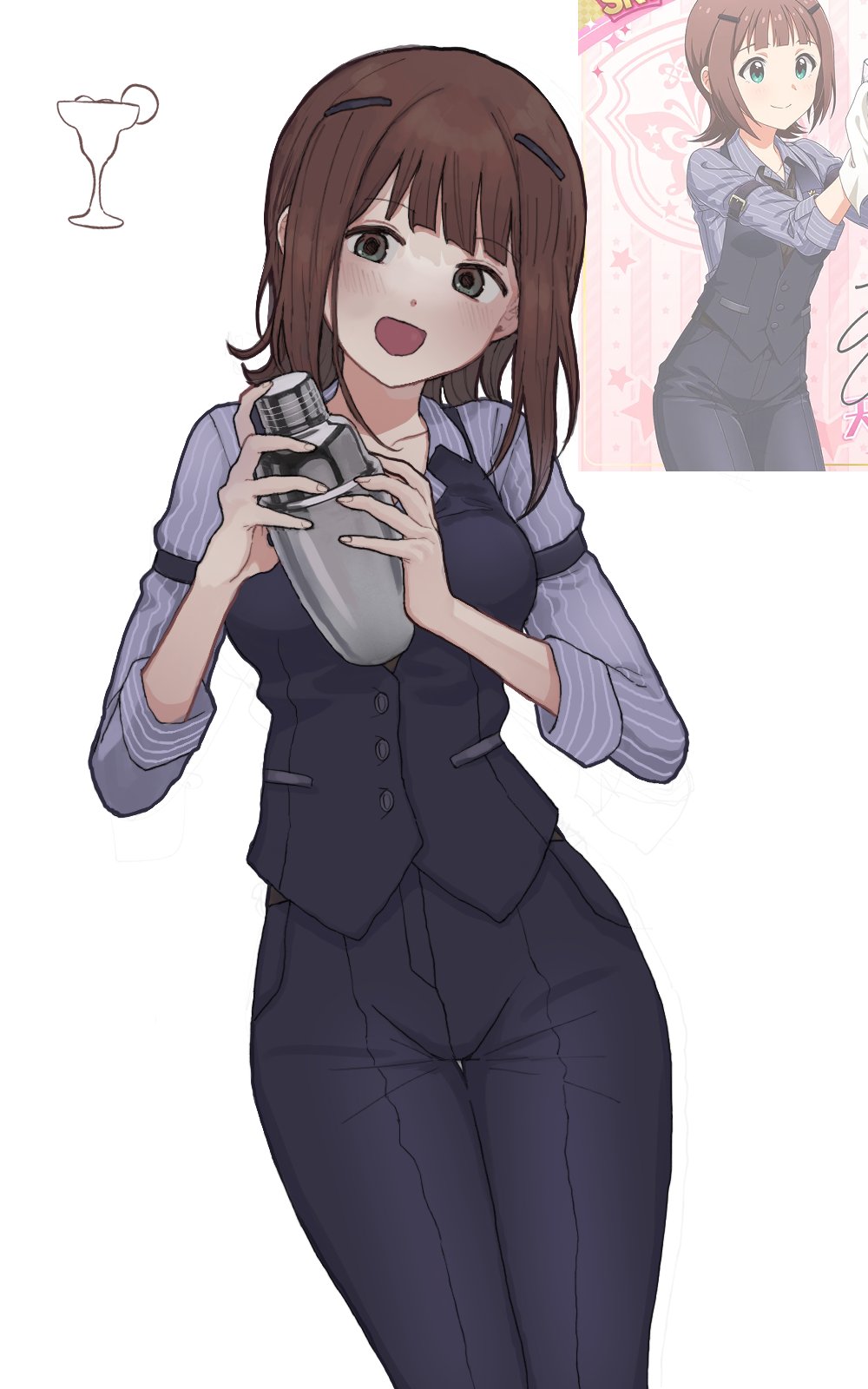 1girl, 8_8ghost, amami_haruka, armband, bartender, black_pants, black_shirt, blue_shirt