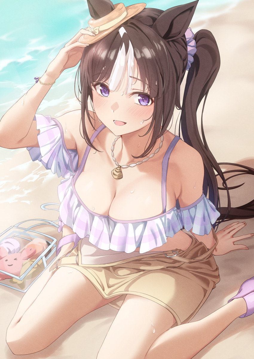 1girl, animal_ears, arm_support, arm_up, bare_shoulders, beach, bikini, bikini_top_only