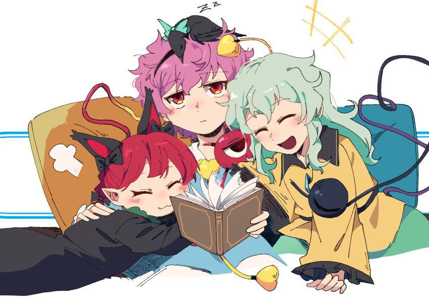 3girls, :3, :d, animal_ears, black_hairband, blush, book, cat_ears