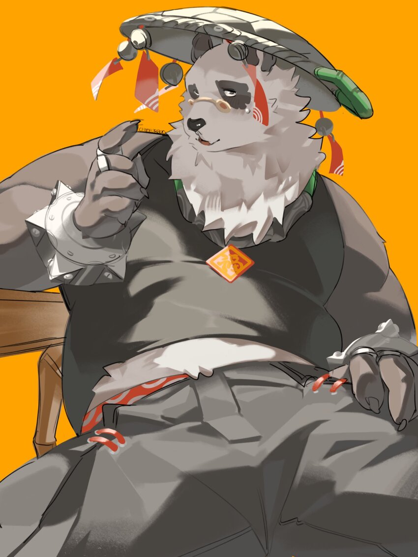 1boy, animal_ears, bara, bell, biceps, black_pants, black_tank_top, bracelet, chyofurbug, claws, furry, furry_male, hashtag-only_commentary, highres, jewelry, jingle_bell, looking_at_viewer, male_focus, multiple_rings, open_mouth, orange_background, pan_yinhu, panda_boy, panda_ears, pants, ring, round_eyewear, sitting, spiked_bracelet, spikes, tank_top, wok, zenless_zone_zero