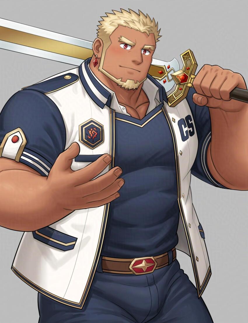 1boy, bara, beard, blonde_hair, blue_pants, blue_shirt, bulge, covered_abs, crave_saga, excalibur_(crave_saga), facial_hair, highres, holding, holding_sword, holding_weapon, jacket, looking_at_viewer, male_focus, mixed-language_commentary, muscular, muscular_male, over_shoulder, pants, pectoral_cleavage, pectorals, rongjie, shirt, smile, sword, sword_over_shoulder, weapon, weapon_over_shoulder, white_jacket