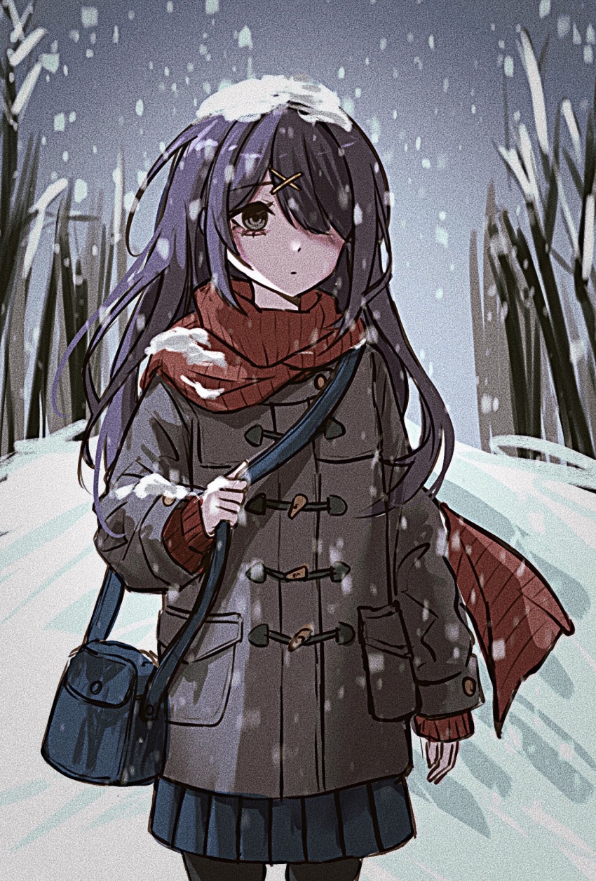 ame-chan_(needy_girl_overdose), bag, bags_under_eyes, bare_tree, black_eyes, black_hair, black_skirt, blurry