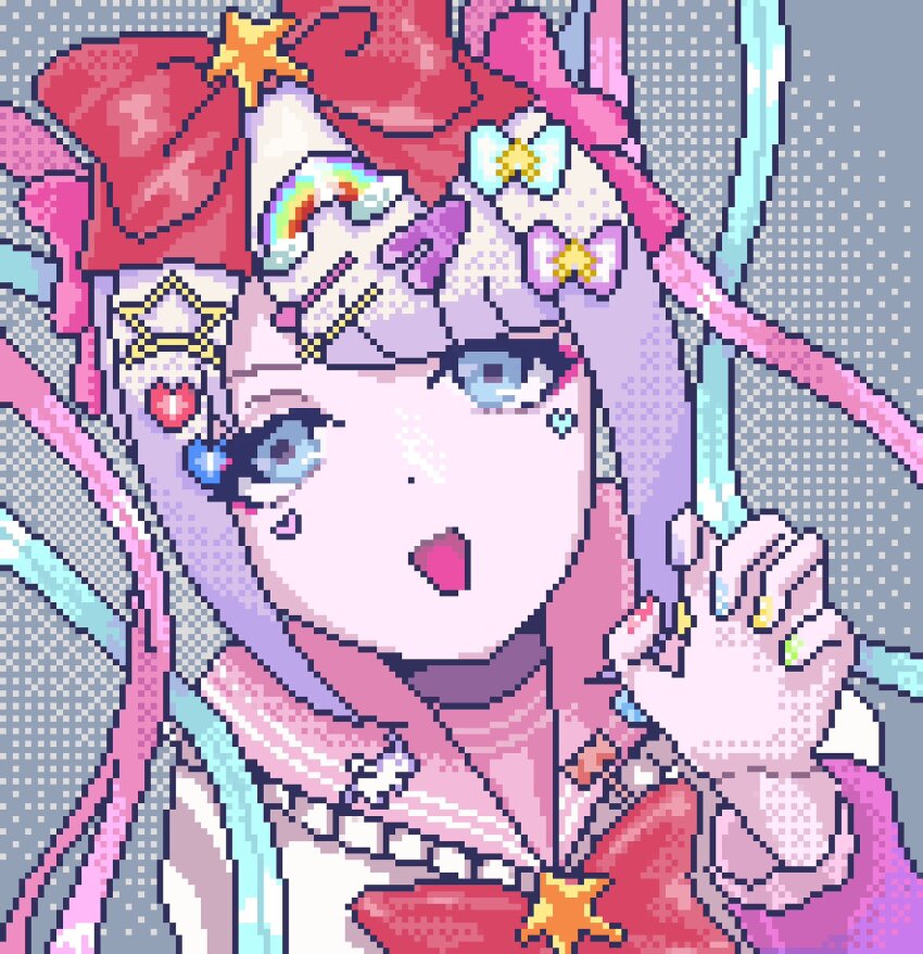 blue_eyes, blue_hair, bow, chouzetsusaikawa_tenshi-chan, chouzetsusaikawa_tenshi-chan_(nidiga_tozai), colored_tips, dithering, from_above