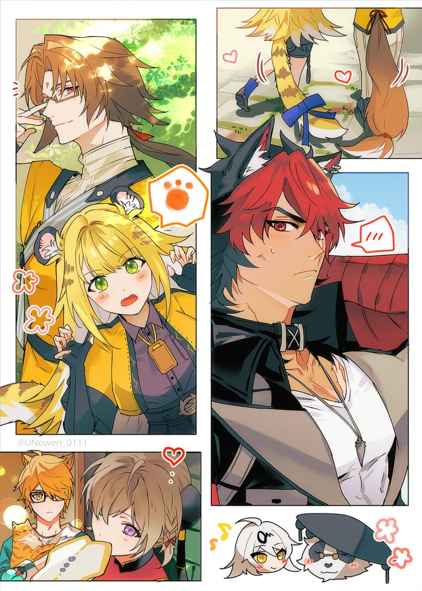 3girls, 4boys, ahoge, animal, animal_ear_piercing, animal_ears, aqua_jacket, artist_name, black-framed_eyewear, black_collar, black_gloves, black_hair, black_hat, black_shorts, blue_bow, blue_sky, blush, bow, brown-framed_eyewear, brown_hair, bun_cover, bush, cat, cat_ears, china_dress, chinese_clothes, claw_pose, closed_eyes, closed_mouth, cloud, collar, collarbone, collared_shirt, colored_inner_hair, commentary_request, cropped_jacket, dress, ear_piercing, elbow_gloves, facial_mark, fangs, fingerless_gloves, forehead_mark, furry, furry_male, ginger_(zenless_zone_zero), glasses, gloves, green_eyes, grey_shirt, hair_intakes, hair_ornament, hair_over_one_eye, hair_ribbon, hand_fan, hand_up, hands_up, hat, heart, high-waist_shorts, highres, holding, holding_animal, holding_cat, holding_fan, jacket, jewelry, ju_fufu, komano_manato, lapels, large_pectorals, leather, leather_jacket, long_hair, looking_at_viewer, low_ponytail, mandarin_collar, multicolored_hair, multiple_boys, multiple_girls, multiple_views, musical_note, necklace, notice_lines, one_eye_covered, open_clothes, open_jacket, open_mouth, orange_cat, orange_eyes, orange_jacket, pan_yinhu, panda_boy, pants, parted_bangs, paw_print, pectorals, piercing, ponytail, purple_eyes, red_eyes, red_hair, red_ribbon, ribbon, scar, scar_across_eye, scar_on_chest, scar_on_face, semi-rimless_eyewear, serious, shirt, short_hair, short_shorts, shorts, sky, smile, speech_bubble, spoken_blush, standing, sweatdrop, sweety_(zenless_zone_zero), tail, tail_bow, tail_ornament, tiger_ears, tiger_girl, tiger_tail, twitter_username, two-tone_hair, under-rim_eyewear, unowen_0111, upper_body, v-shaped_eyebrows, white_hair, white_pants, white_shirt, wing_collar, wolf_ears, ye_shiyuan, yellow_eyes, yixuan_(zenless_zone_zero), zenless_zone_zero