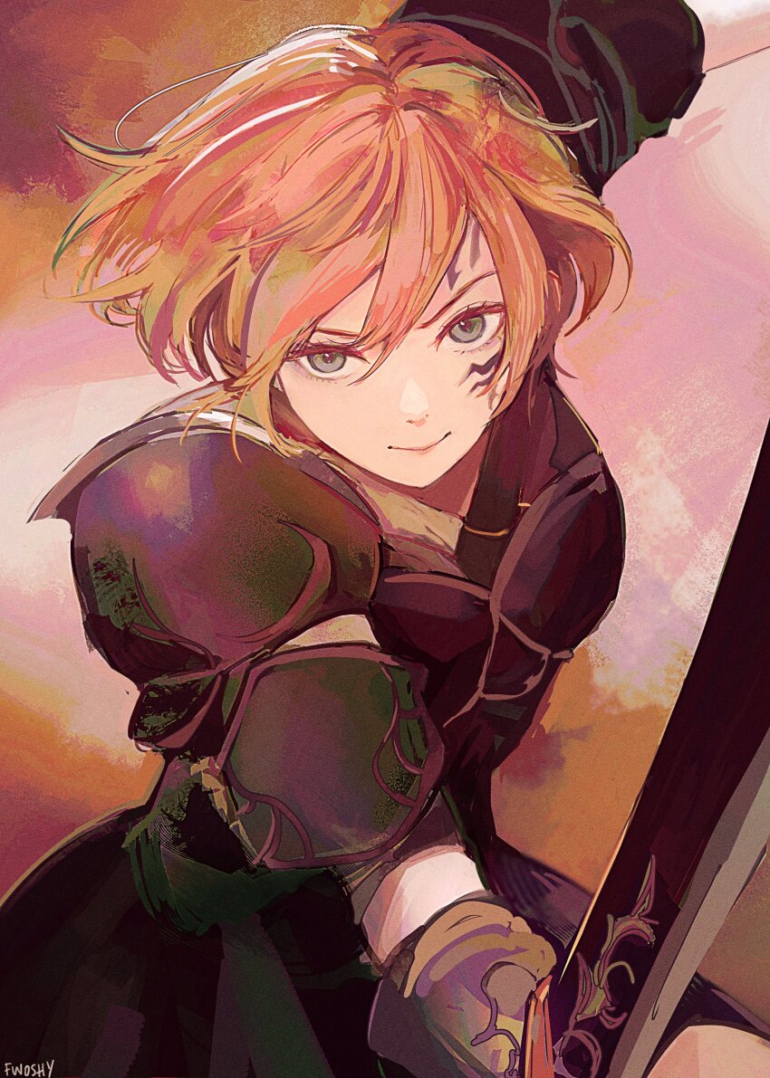 1girl, absurdres, armor, breastplate, facial_mark, final_fantasy, final_fantasy_xiv, fordola_rem_lupis, fwoshy, green_eyes, highres, holding, holding_sword, holding_weapon, hyur, looking_at_viewer, orange_hair, pauldrons, short_hair, shoulder_armor, signature, smile, solo, sword, upper_body, weapon