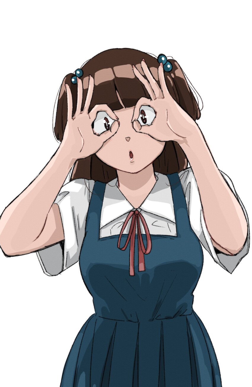 1girl, beads, breasts, brown_eyes, brown_hair, double_ok_sign, hands_up, highres