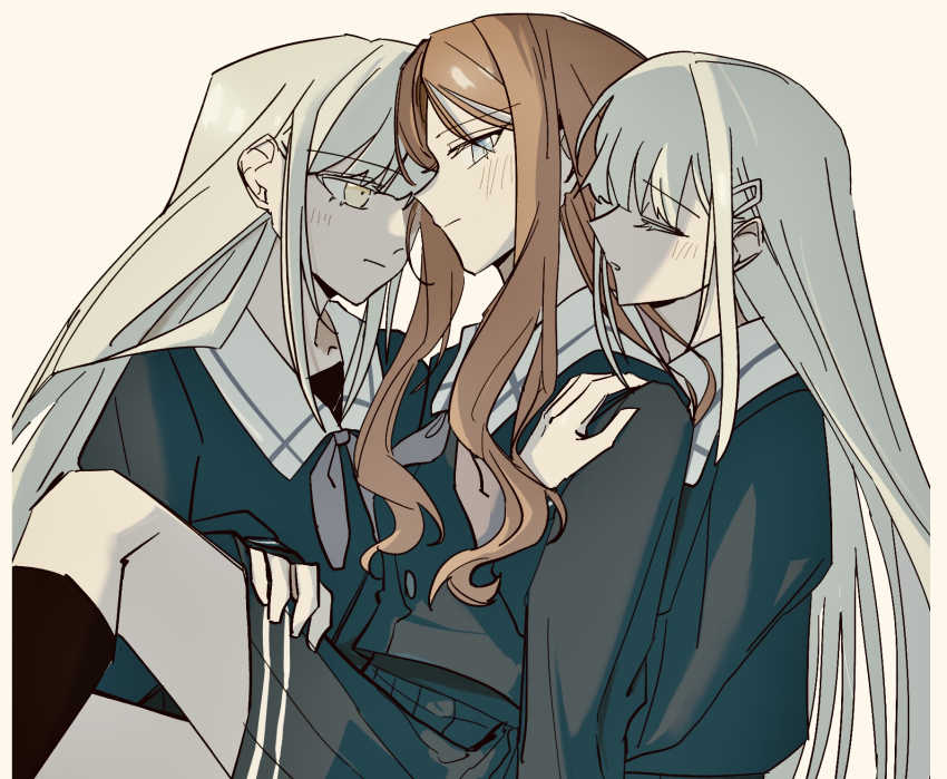 3girls, bang_dream!, bang_dream!_it's_mygo!!!!!, black_shirt, black_skirt, blonde_hair, blue_eyes, blush