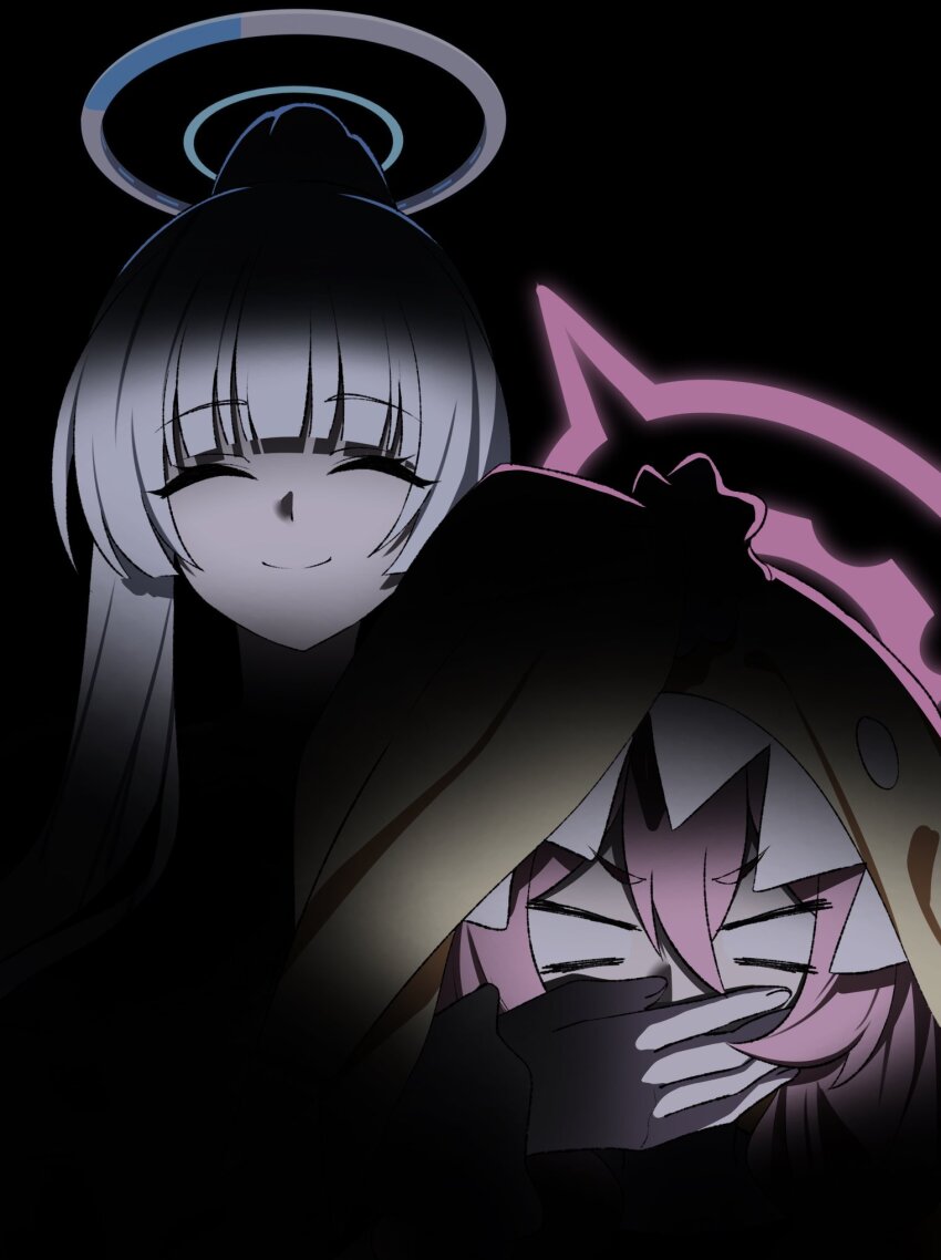2girls, ^_^, black_background, blue_archive, closed_eyes, closed_mouth, covering_another's_mouth, girl_with_mans_hand_over_mouth_(meme), grey_hair, grey_halo, halo, high_ponytail, highres, hood, hood_up, koyuki_(blue_archive), koyuki_(pajamas)_(blue_archive), long_hair, multiple_girls, no_pupils, noa_(blue_archive), noa_(pajamas)_(blue_archive), pajamas, pink_hair, pink_halo, ponytail, reia_76, smile, v-shaped_eyebrows, yellow_pajamas