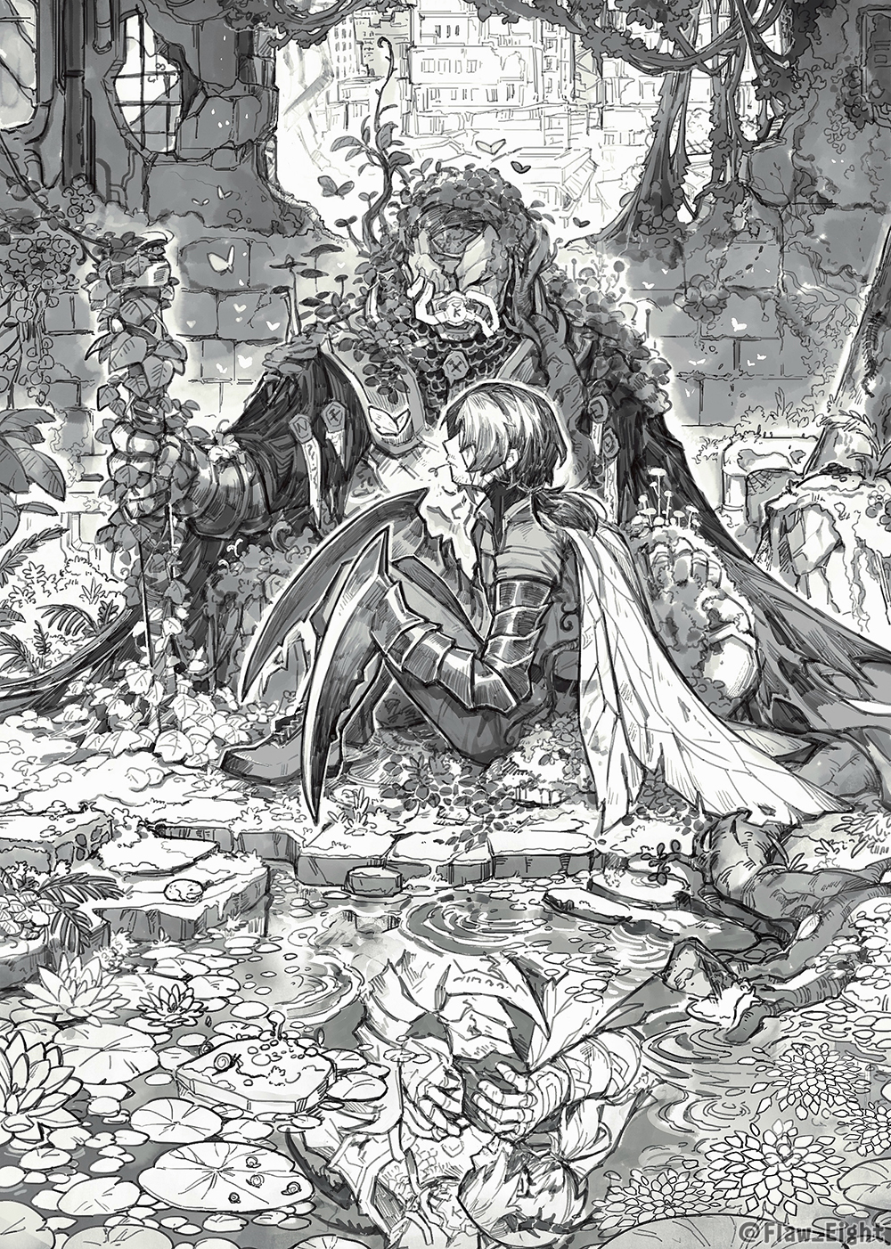 2boys, armor, arthropod_horns, arthropod_limbs, boots, cape, flaw_eight, g_corp._(identity)_(project_moon)