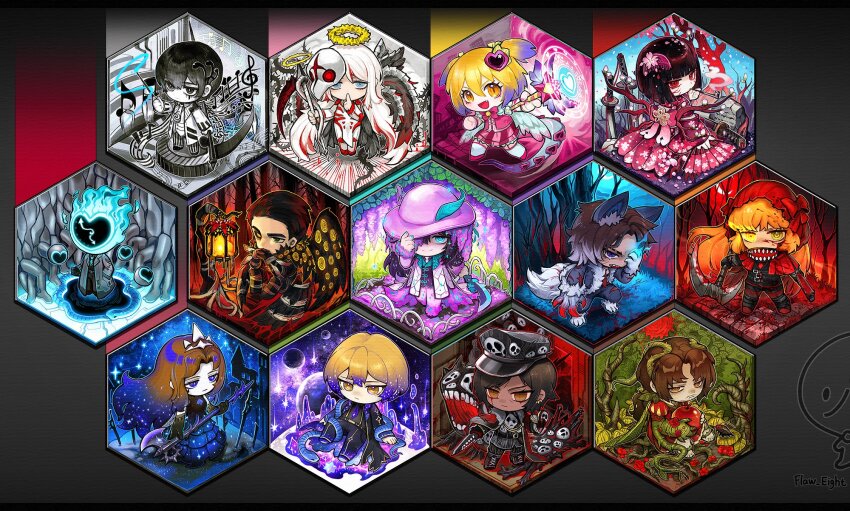 1other, 6+boys, 6+girls, alternate_hair_length, alternate_hairstyle, apple, axe, black_coat