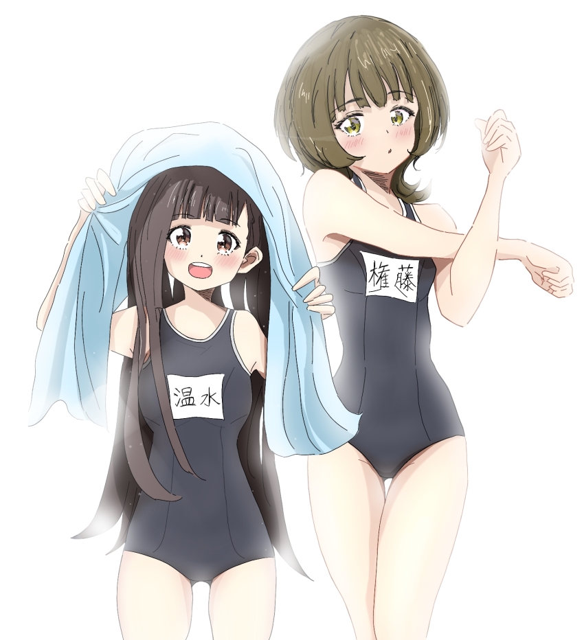 2girls, :o, blue_one-piece_swimsuit, blush, brown_eyes, brown_hair, commentary_request, competition_school_swimsuit