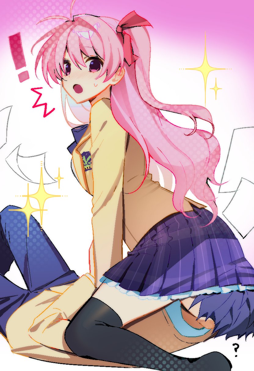 !, 1boy, 1girl, ?, alion_9715, antenna_hair, arm_support, black_thighhighs, blazer, blue_hair, blue_pants, blush, bow, bowtie, breasts, brown_jacket, chaos;head, collared_shirt, hair_bow, head_under_skirt, highres, jacket, lapels, long_hair, looking_back, looking_down, medium_breasts, miniskirt, necktie, nervous_sweating, nishijou_takumi, no_shoes, nose_blush, notched_lapels, one_side_up, open_clothes, open_jacket, pants, pink_hair, plaid_bow, plaid_bowtie, plaid_clothes, plaid_necktie, plaid_skirt, pleated_skirt, purple_necktie, purple_skirt, red_bow, red_trim, sakihata_rimi, school_emblem, school_uniform, science_adventure, shirt, short_hair, side_ponytail, sitting, sitting_on_face, sitting_on_person, skirt, spoken_exclamation_mark, suimei_academy_school_uniform, suimei_school_uniform, summer_uniform, surprised, sweat, sweatdrop, thighhighs, thighs, unlikely_accident, wariza, zettai_ryouiki