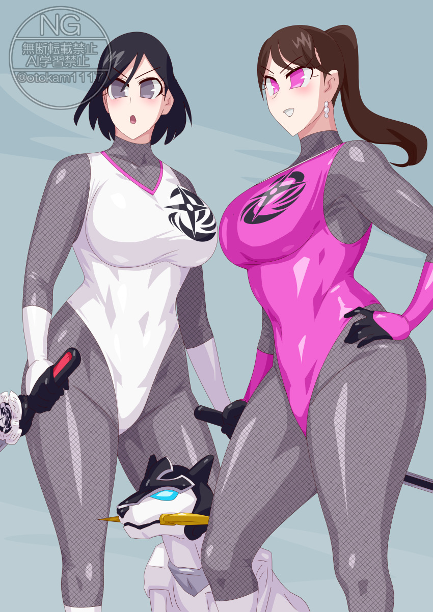 2girls, absurdres, big_breasts, black_hair, bodysuit, brown_hair, female_focus, grey_eyes, highres, igasaki_fuuka, momochi_kasumi, multiple_girls, missing_headwear, otokam1117, otokamu, pink_eyes, shuriken_sentai_ninninger, super_sentai