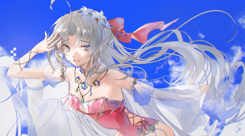 1girl, absurdres, ahoge, aqua_eyes, arm_up, bare_shoulders, blue_sky, bow