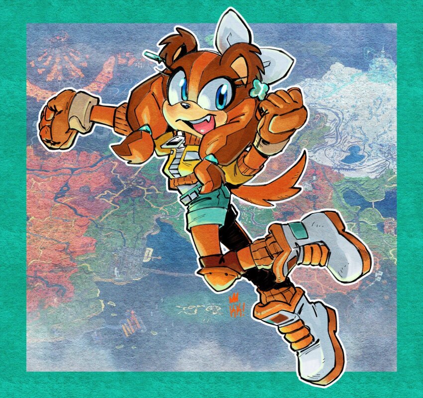 1girl, blue_eyes, boots, clenched_hands, cosplay, fang, full_body, furry