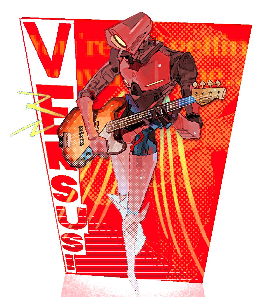 1other, android, electric_guitar, energy_wings, full_body, guitar, holding, holding_guitar, holding_instrument, instrument, joints, music, playing_guitar, playing_instrument, rdif_hk, red_background, robot_joints, ultrakill, v2_(ultrakill), white_background