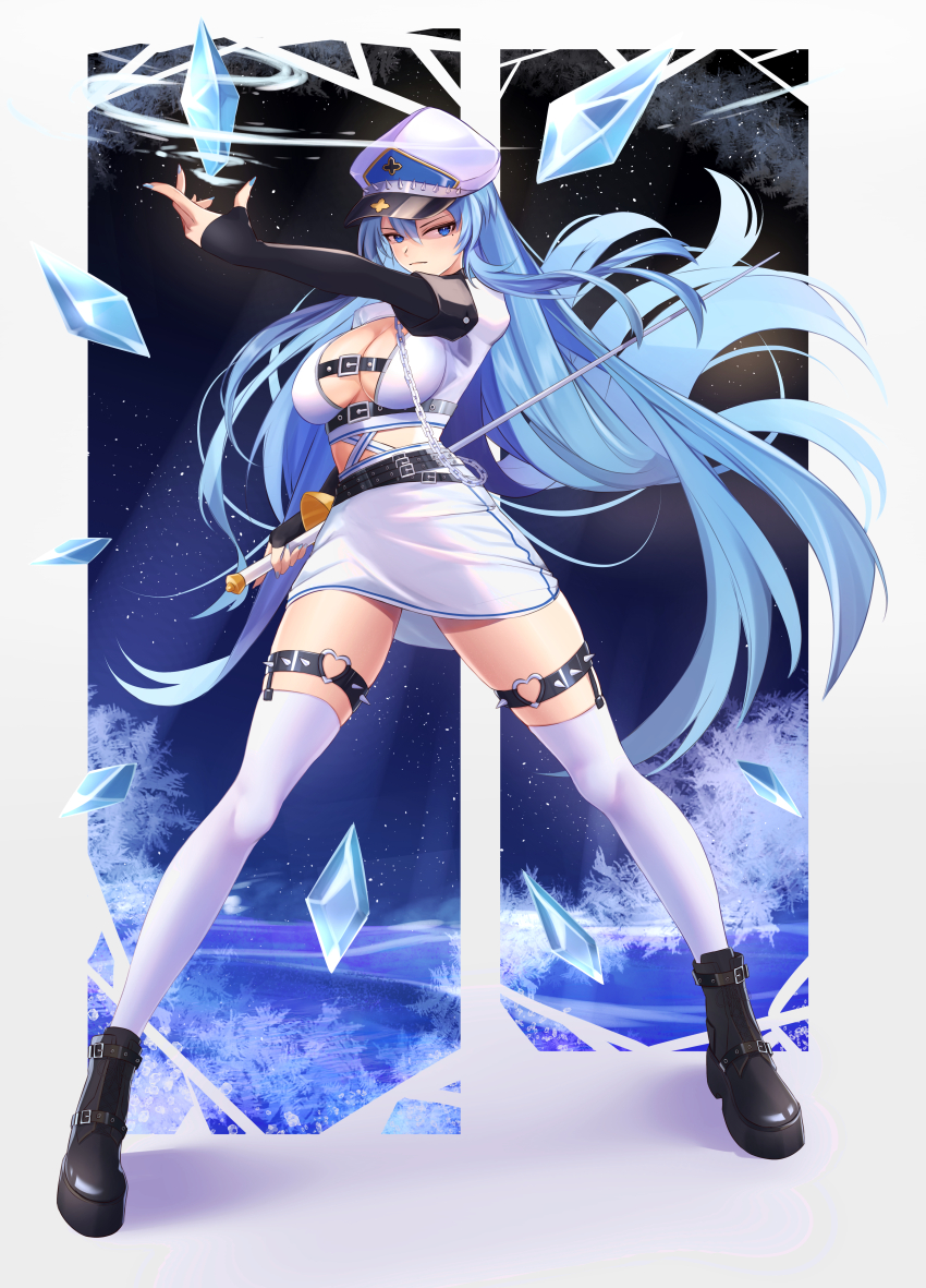 1girl, absurdres, akame_ga_kill!, blue_eyes, blue_hair, breasts, chain, closed_mouth