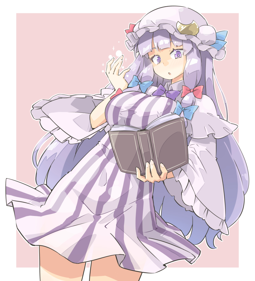 1girl, :o, arnest, blue_bow, blue_ribbon, blunt_bangs, book, bow