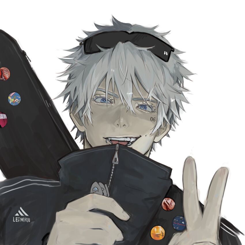 1boy, absurdres, artist_name, blue_eyes, blur_(band), eyelashes, eyewear_on_head, face_piercing