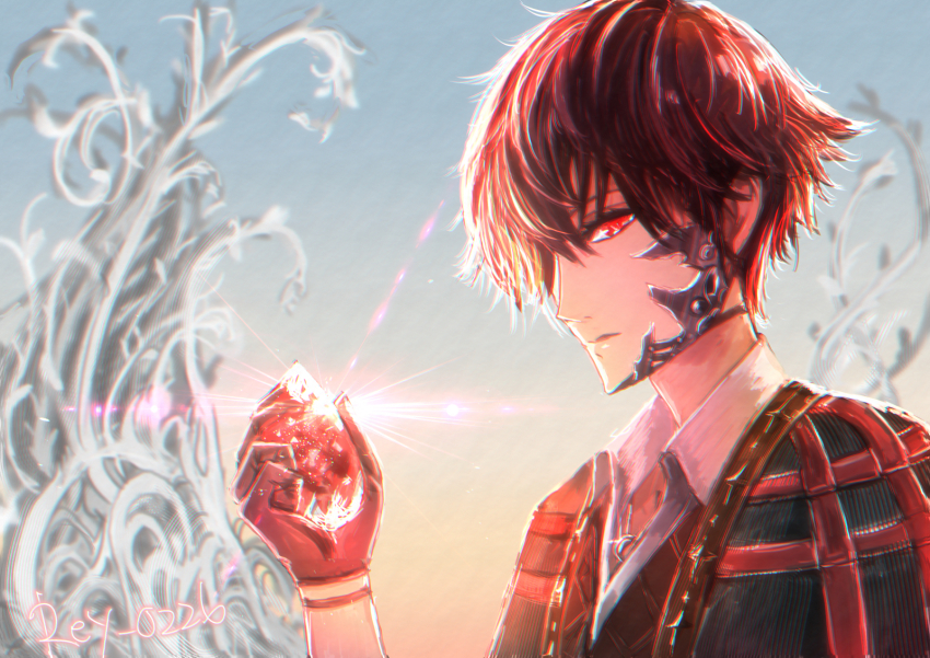 1boy, black_gloves, blood_bead, brown_hair, code_vein, collared_shirt, gloves, hair_over_one_eye