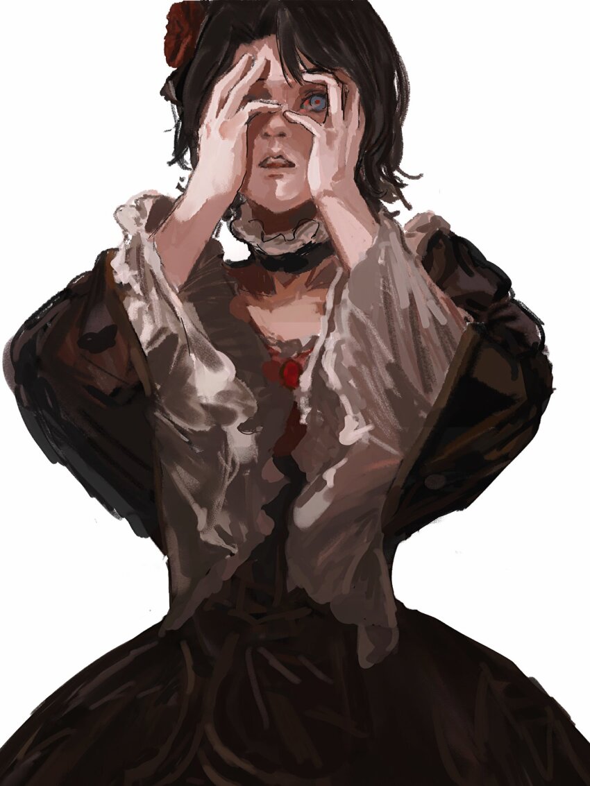 1other, androgynous, ashashio, beatrice_(umineko), beatrice_(umineko)_(cosplay), blue_eyes, brown_hair, choker