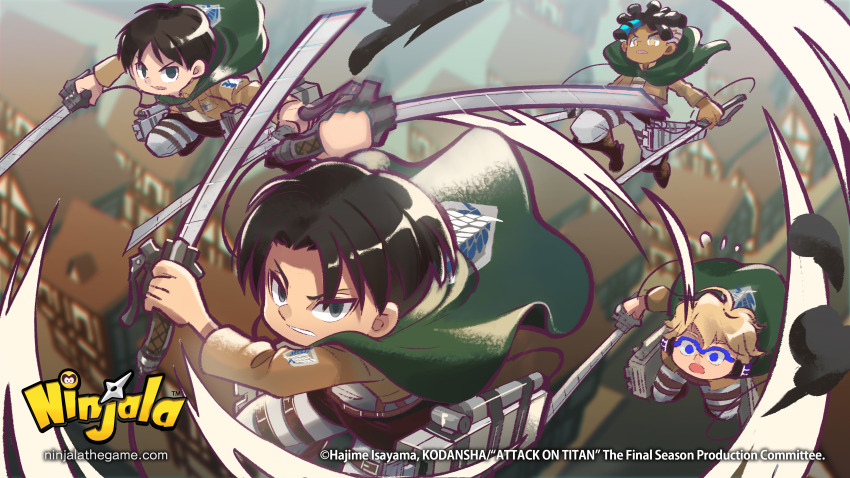 4boys, absurdres, ahoge, ankle_boots, attack_trail, belt, belt_buckle, black_hair