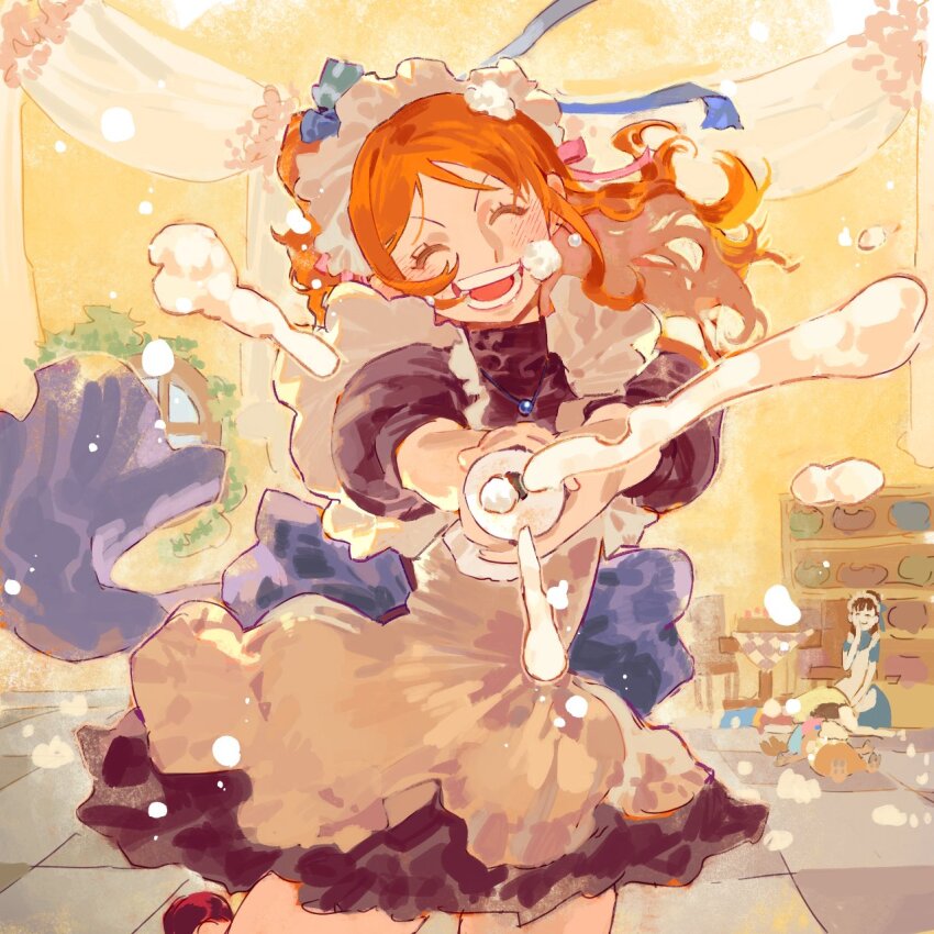 1boy, 2girls, antlers, apron, back_ribbon, black_dress, blue_ribbon, closed_eyes