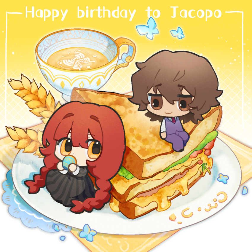 1boy, 1girl, braid, brown_hair, chibi, chibi_only, cup, drinking