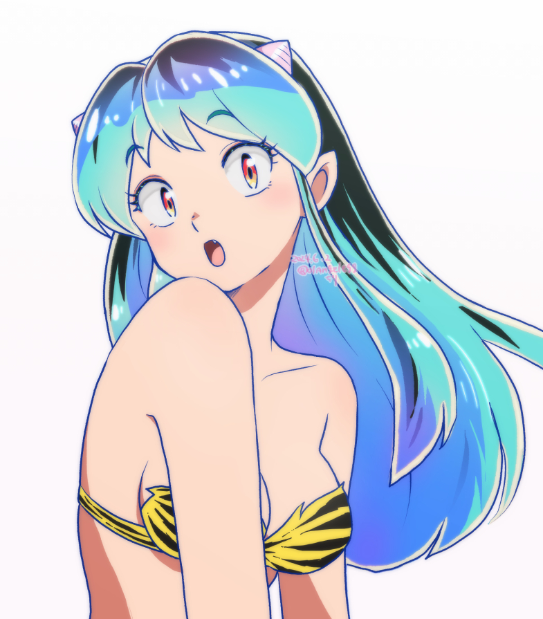 01angelegg, 1girl, animal_print, bare_arms, black_hair, blue_hair, bra, breasts