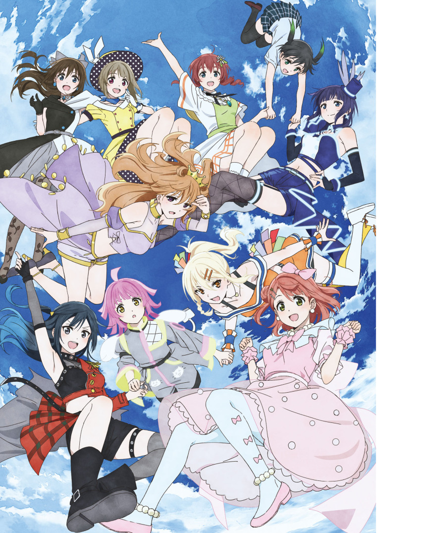 6+girls, artbook, asaka_karin, black_hair, blonde_hair, blue_dress, blue_eyes, blunt_bangs