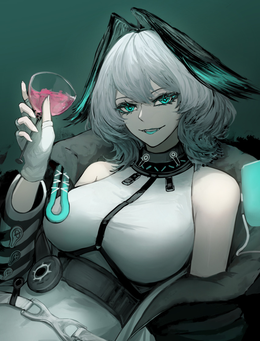 1girl, absurdres, aqua_eyes, arknights, bare_shoulders, between_breasts, breasts, coat