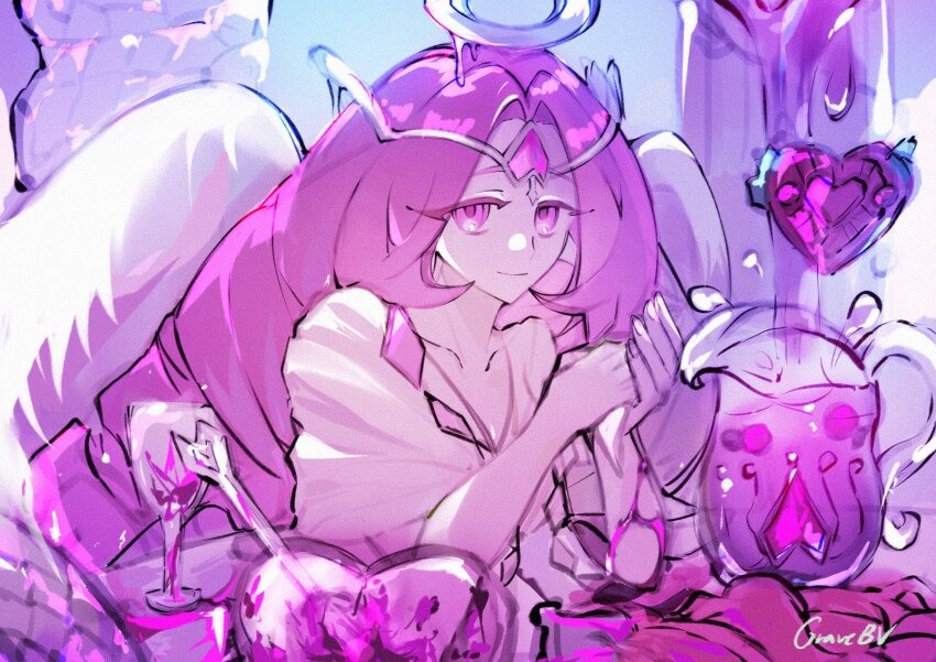 1girl, angel, angel_wings, colored_skin, cookie_run, cookie_run:_kingdom, dress, eternal_sugar_cookie, graveboundveil, halo, highres, long_hair, looking_at_viewer, pink_eyes, pink_hair, pink_skin, smile, solo, very_long_hair, white_dress, wings