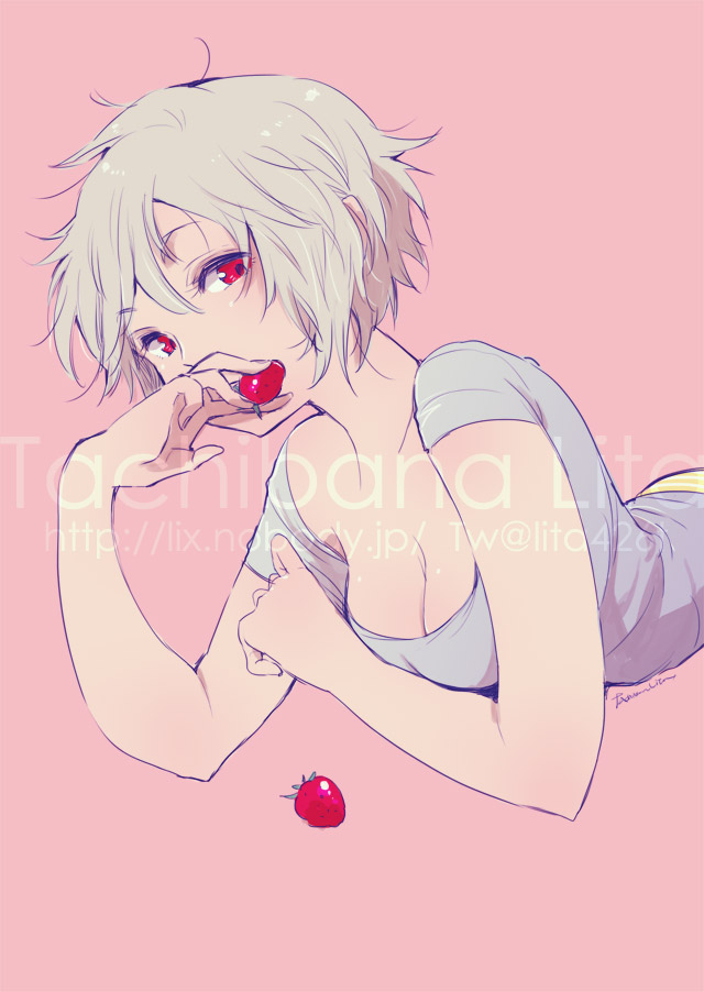 1girl, bare_arms, between_fingers, breasts, cleavage, collarbone, commentary_request, covered_mouth, eyelashes, food, fruit, grey_hair, grey_shirt, hair_between_eyes, holding, holding_food, holding_fruit, looking_at_viewer, lying, medium_breasts, messy_hair, on_stomach, original, panties, photoshop_(medium), pink_background, red_eyes, shirt, short_hair, short_sleeves, sign, simple_background, solo, strawberry, striped_clothes, striped_panties, t-shirt, tachibanarita, underwear, upper_body, watermark, yellow_panties