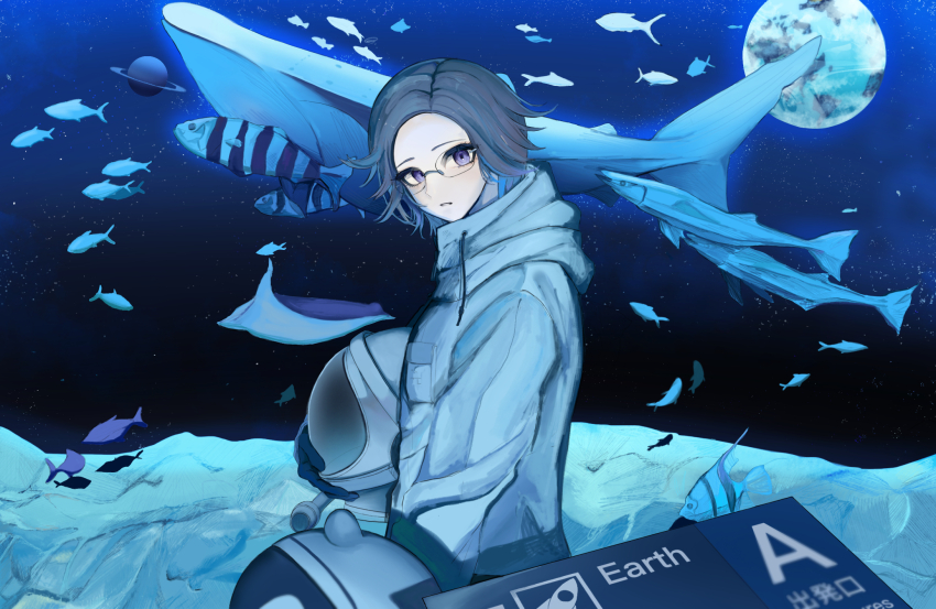 aotsuki_eito, barracuda, black_gloves, blue_eyes, blue_theme, breast_pocket, drawstring, earth_(planet)